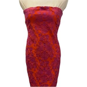 Nicole Miller Strapless Sheath Dress Orange Fuchsia 8 Floral Vibrant Embroidered
